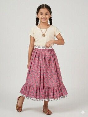 Anokhi Koki Pink Elephant Block Print Maxi Skirt Boho Cotton Tiered 6/7 Girls